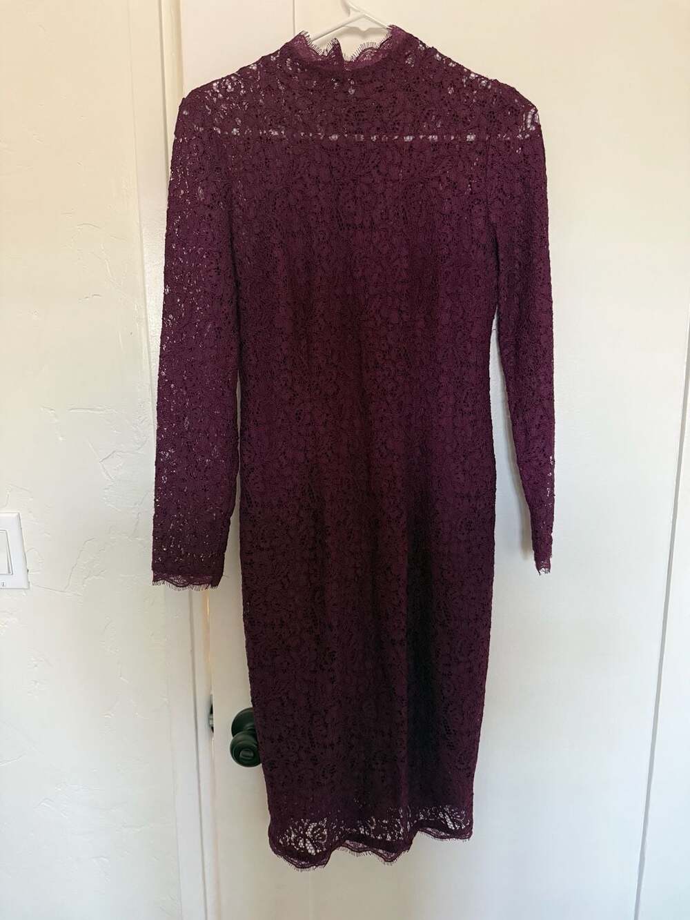 Adrianna Papell Lace Sheath Dress Size 6P Purple Long Sleeve Mock Neck